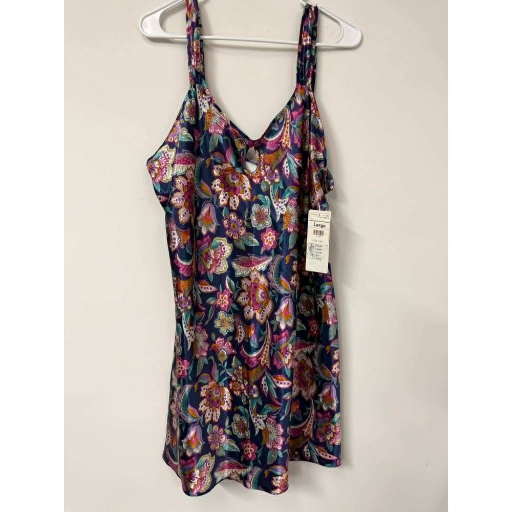 New Adonna Womens Large Satin Floral Paisley Nightgown Chemise Navy Pink V-Neck